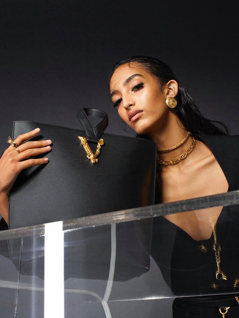 Mona Tougaard fronts Versace Virtus handbag summer 2020 campaign.