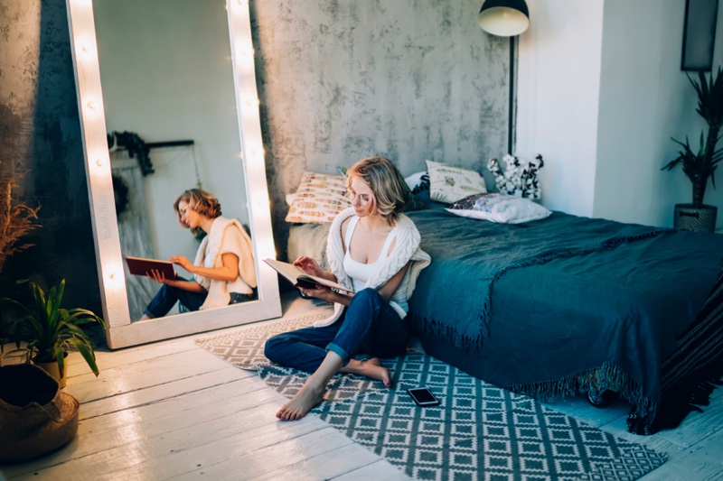 Woman Reading Bedroom Mirror Relax