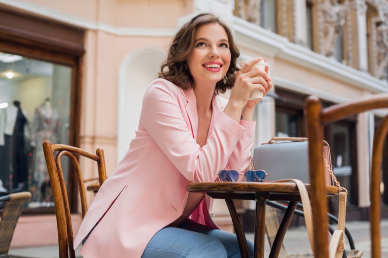 Woman Smiling Pink Blazer Table Cup