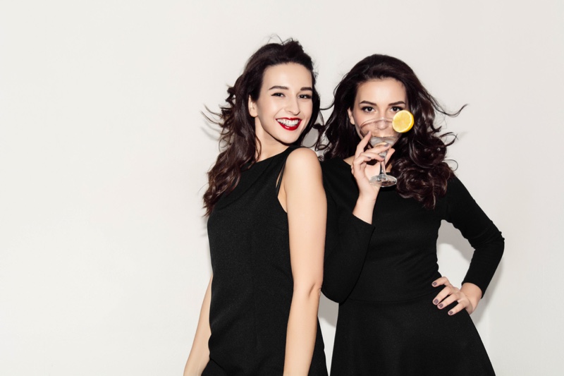 Women Black Dresses Smiling Cocktail Drink