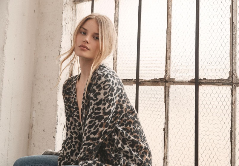 Alena Blohm models animal print cardigan for 360 Cashmere fall 2020 campaign.