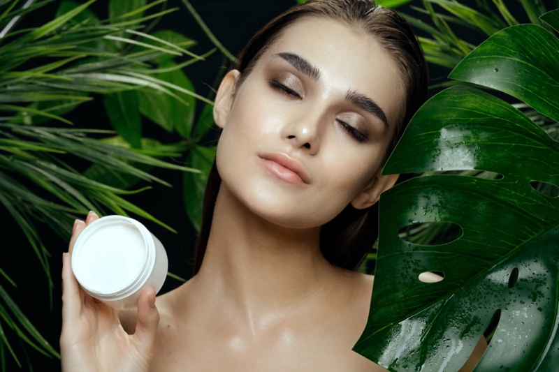 Beauty Model Cream Jar Leaves Natural Skin