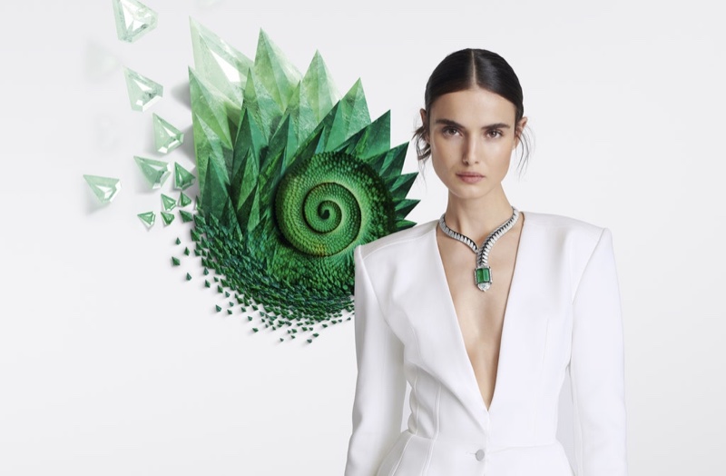 Blanca Padilla wears emeralds in Cartier [Sur]Naturel High Jewelry campaign.