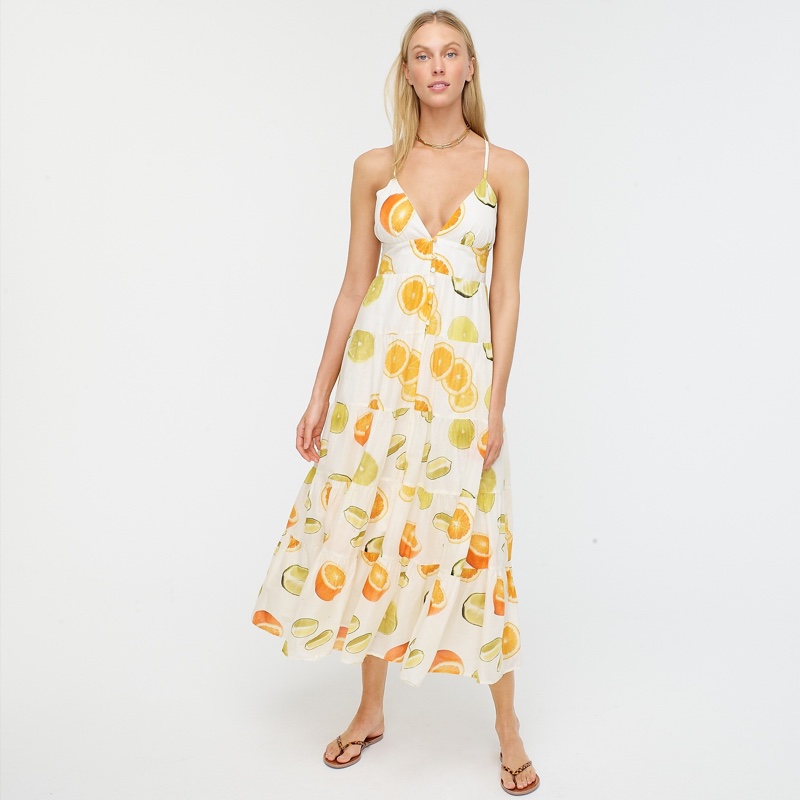 Edie Parker x J. Crew Button-Front Tiered Maxi Dress in Limes and Oranges $168