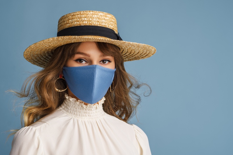 Fashion Model Blue Face Mask Straw Hat White Blouse