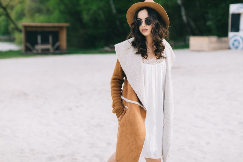 Fashion Stylish Outfit Hat Coat White Dress Sunglasses