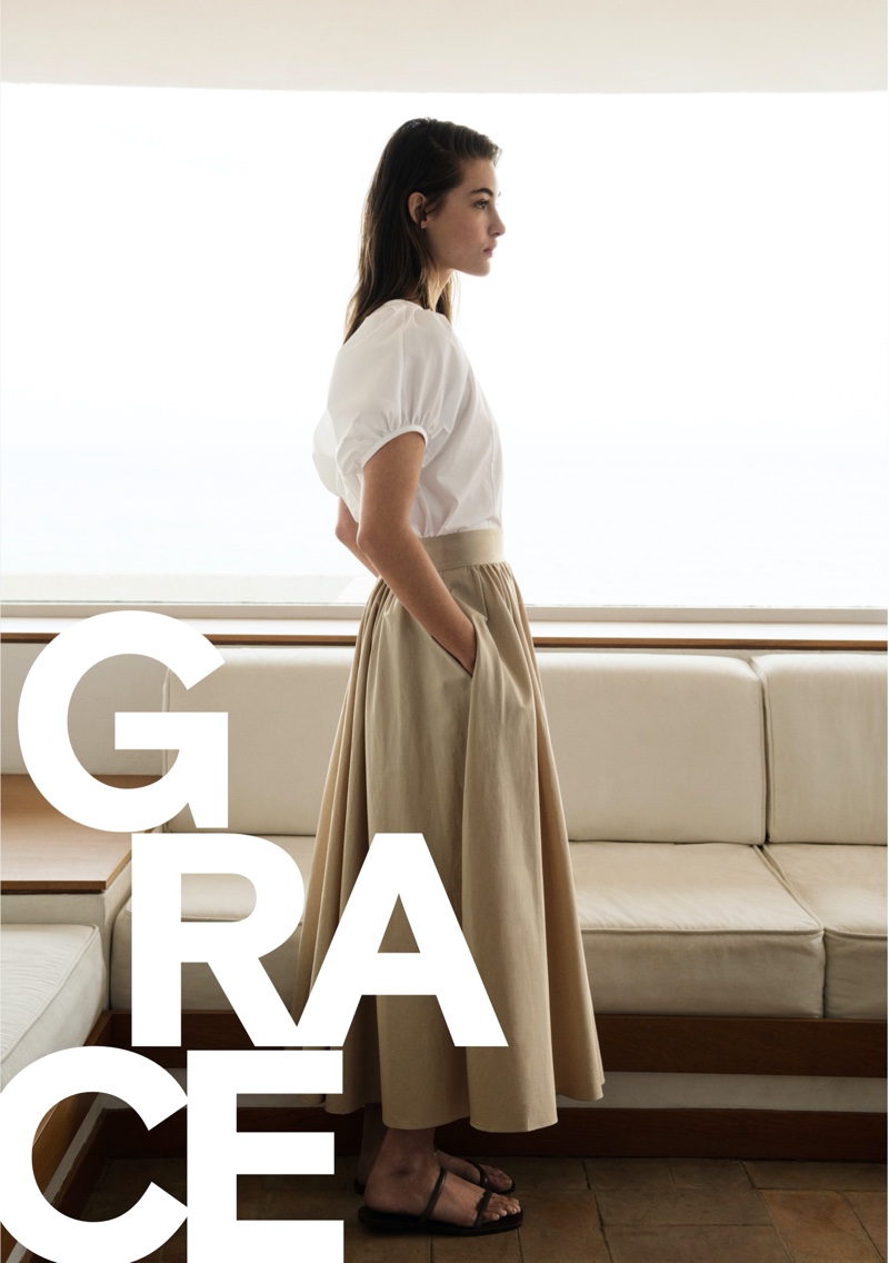 Grace Elizabeth stars in Massimo Dutti poplin summer 2020 style guide.