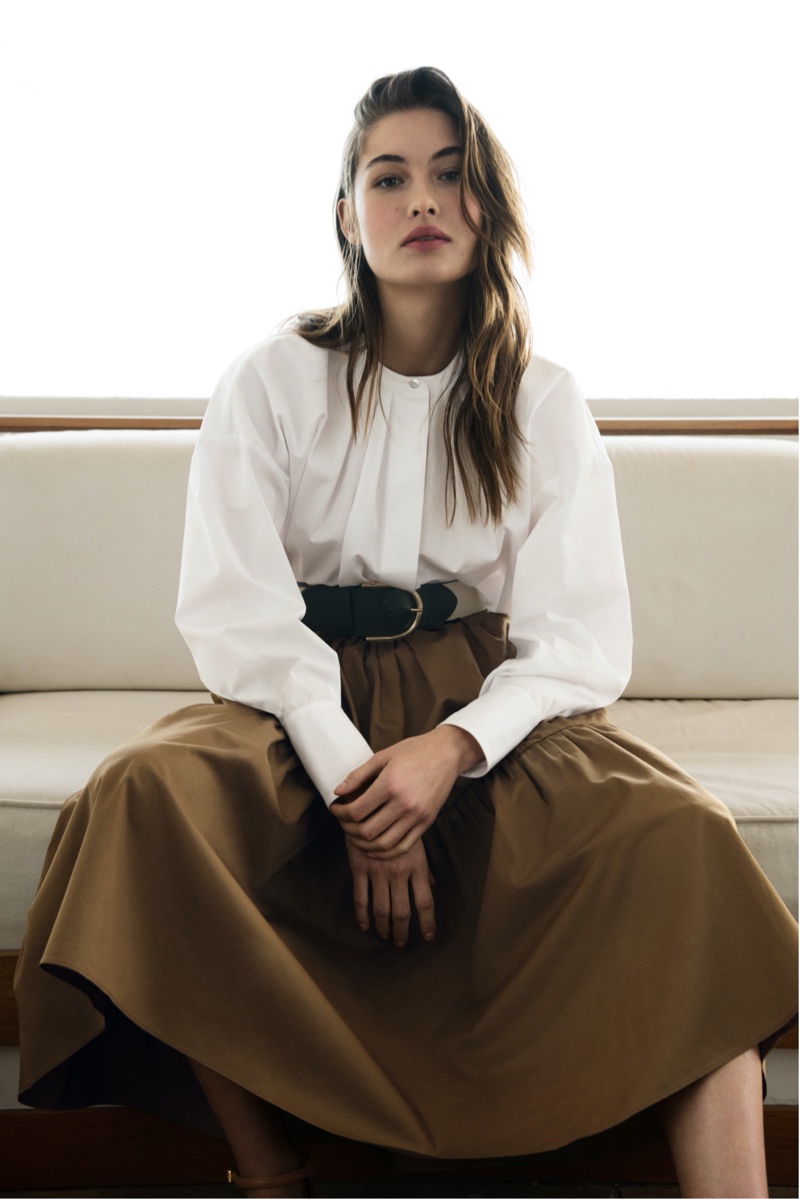 Grace Elizabeth models Massimo Dutti cotton shirt with cuff buttons and uneven poplin seamed skirt.