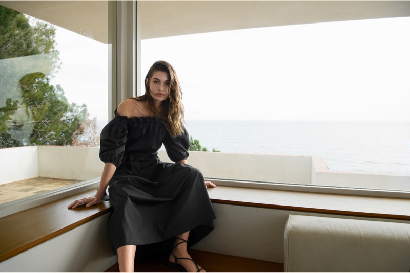 Model Grace Elizabeth poses in Massimo Dutti’s summer 2020 designs.