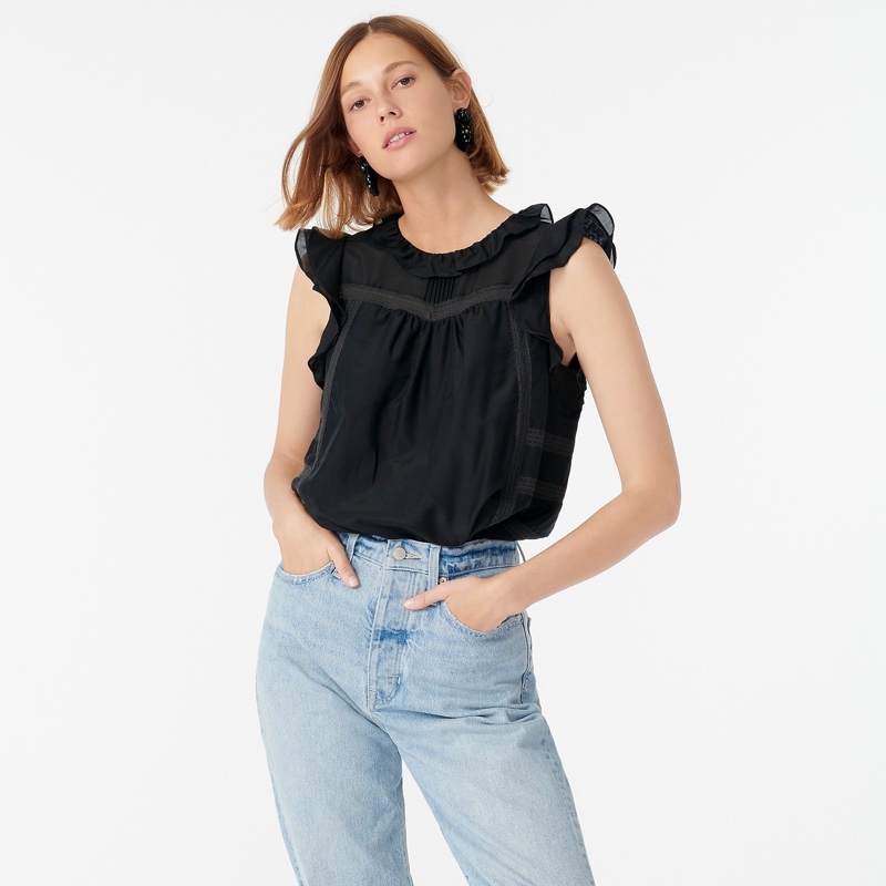 J. Crew Flutter-Sleeve Silk-Cotton Voile Top in Black $54