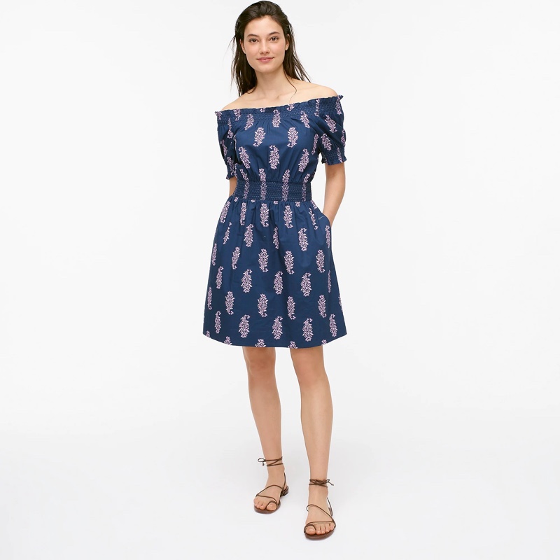 J. Crew Smocked Puff-Sleeve Cotton Poplin Dress in Budding Branch Print $98