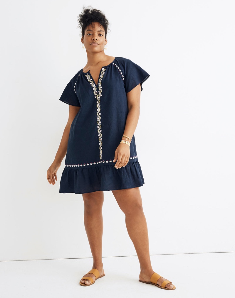 Madewell Embroidered Linen-Blend Raglan Ruffle Mini Dress in Deep Navy $118.50