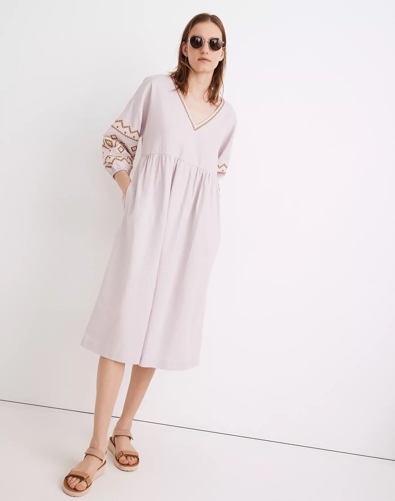 Madewell Embroidered-Sleeve Popover Midi Dress in Pale Lilac $138