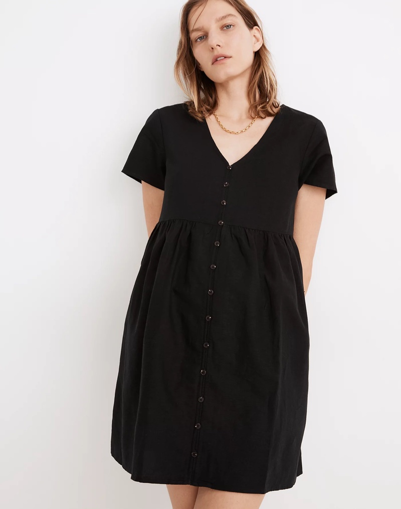 Madewell Linen-Blend Alexandra Button-Front Mini Dress in True Black $88