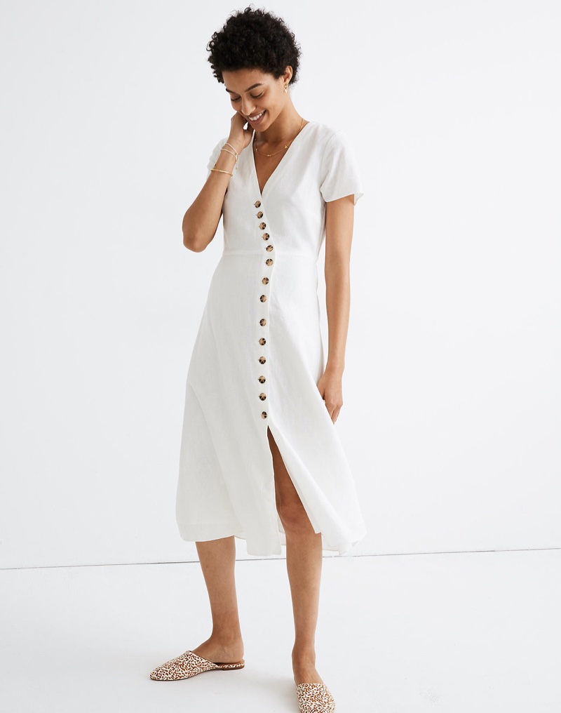 Madewell Linen-Blend Button-Wrap Midi Dress $94.99