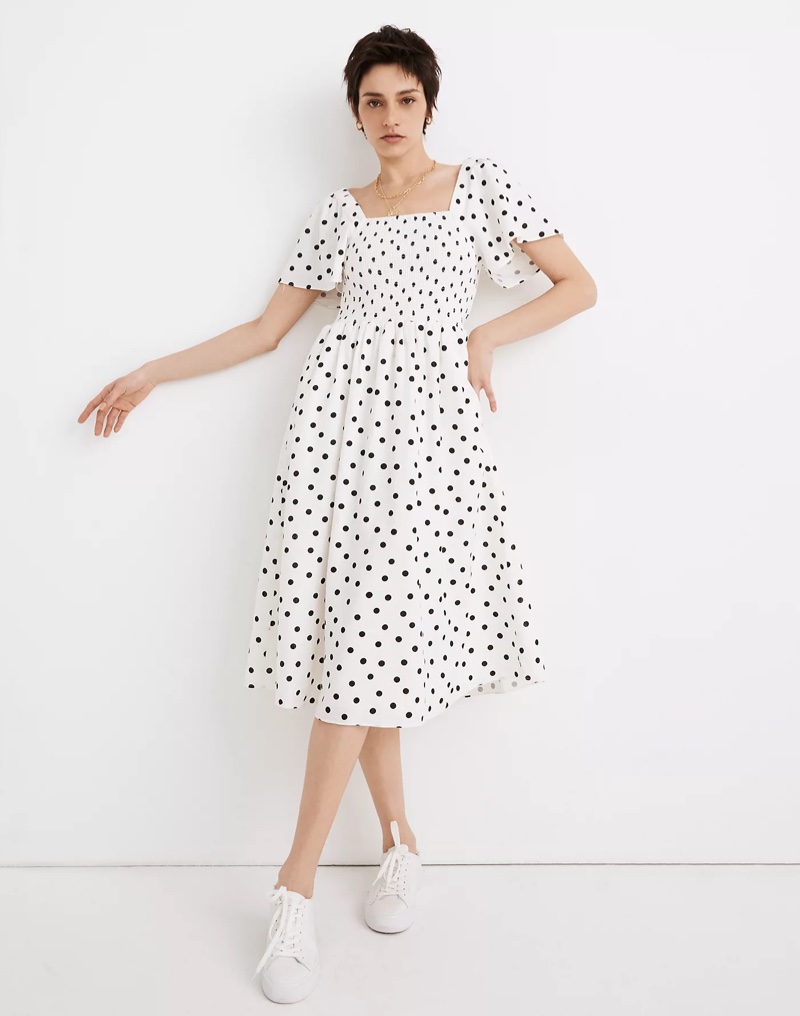 Madewell Linen-Blend Lucie Smocked Midi Dress in Polka Dot $118