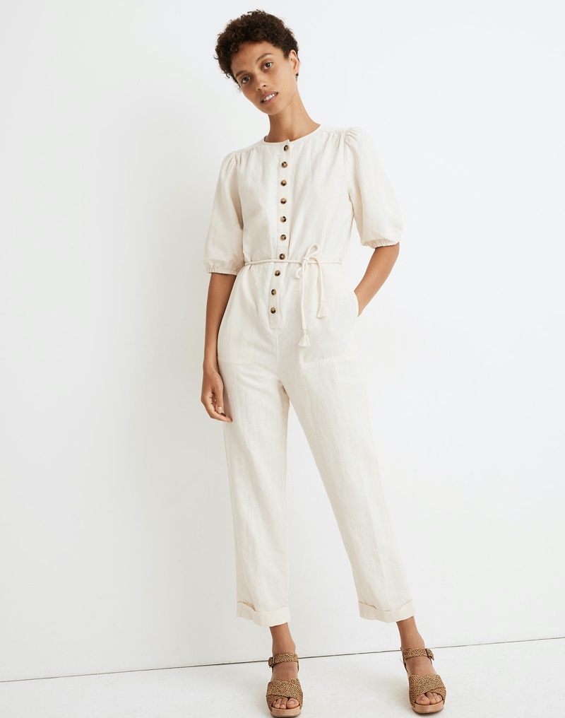 Madewell Linen-Blend Puff-Sleeve Tassel-Tie Jumpsuit $138