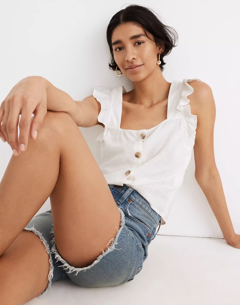 Madewell Linen-Blend Ruffle-Strap Button-Up Tank Top $59.50