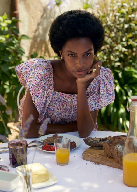 Karly Loyce Models Mango's Relaxed Holiday Styles Mango Ruffled Floral Dress.