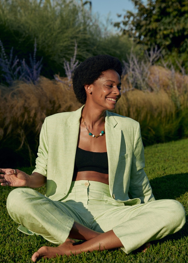 Suiting up, Karly Loyce wears Mango's holiday styles for summer 2020 season.