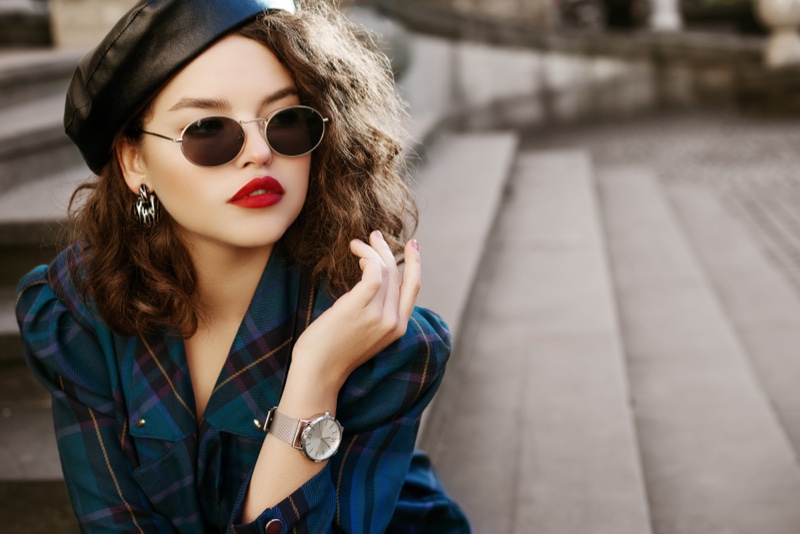 Model Leather Beret Plaid Jacket Oval Sunglasses Silver Watch