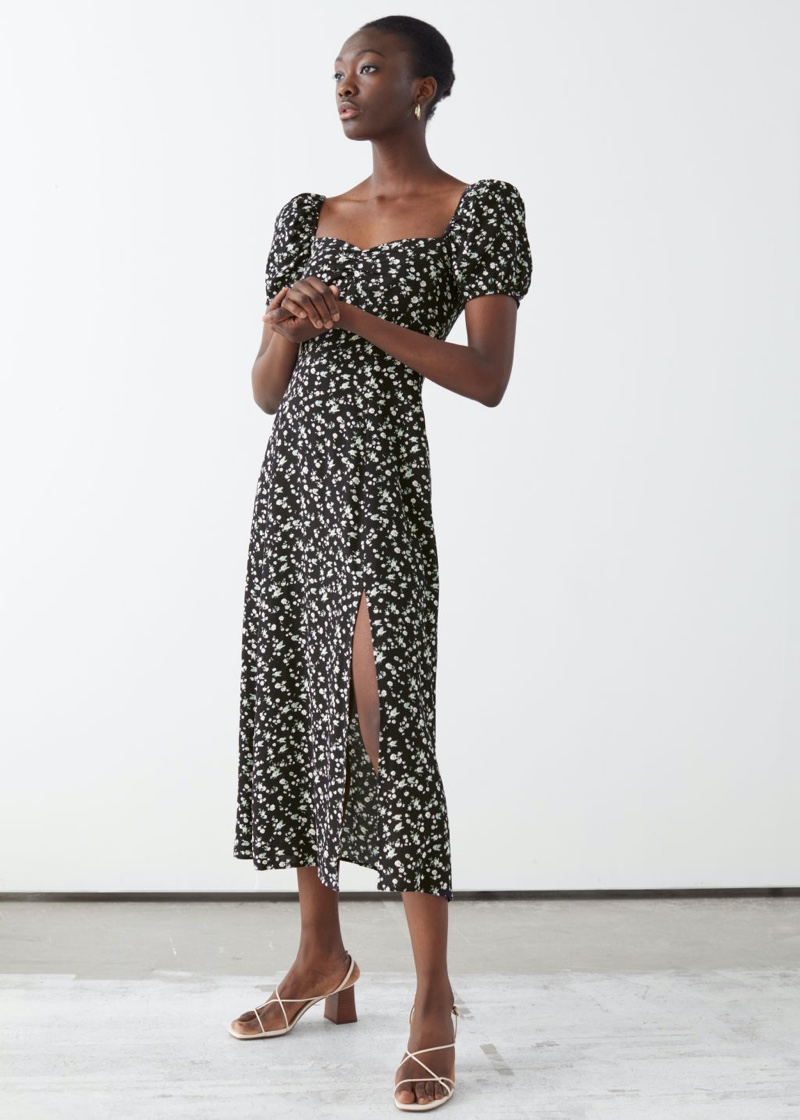 & Other Stories Flowy Puff Sleeve Midi Dress in Black Florals $119