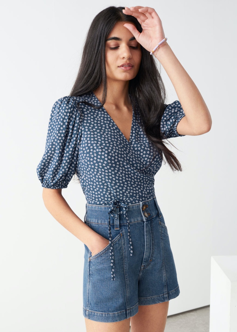 & Other Stories Printed Puff Sleeve Wrap Top in Blue Florals $59