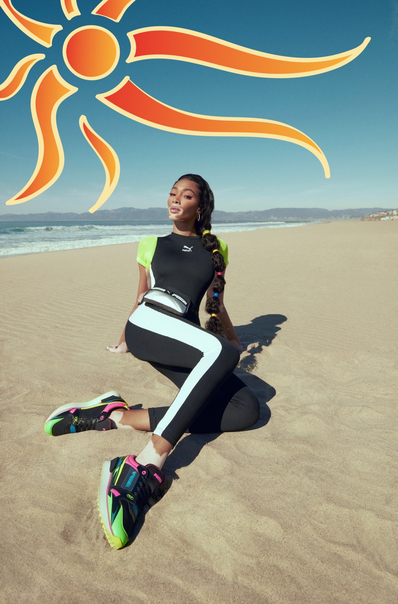 Model Winnie Harlow fronts PUMA Mile Rider sneaker campaign.