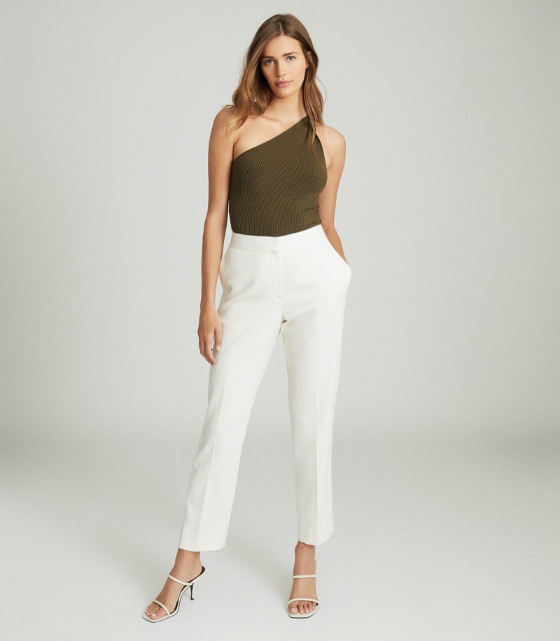 REISS Thea Twist-Detail One-Shoulder Top in Khaki $180