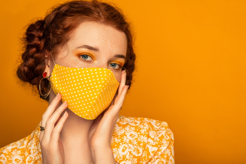 Redhead Model Polka Dot Yellow Face Mask Fashion