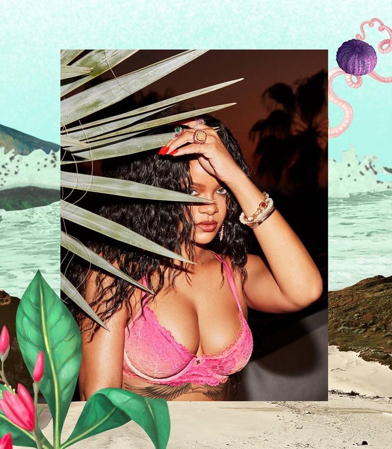 Rihanna wears Savage x Fenty floral lace bra in July 2020 campaign.