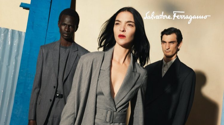 Mariacarla Boscono, Malick Bodian, and Luca Lemaire pose for Salvatore Ferragamo fall-winter 2020 campaign.