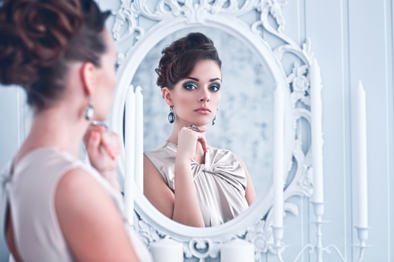 Stylish Woman Looking Mirror Brunette Elegant