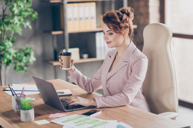 Well Dressed Woman Blazer Coffee Laptop