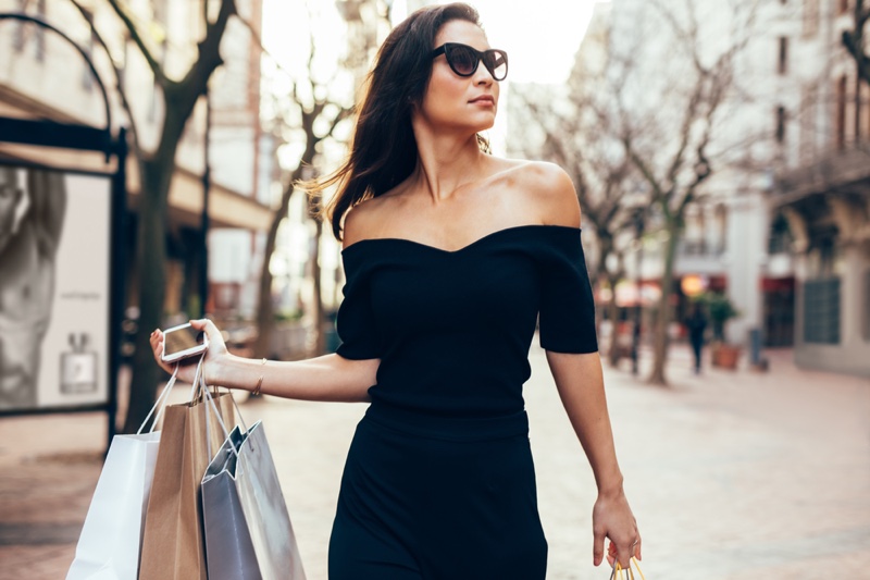 Woman Black Dress Shopping Bags Off Shoulder