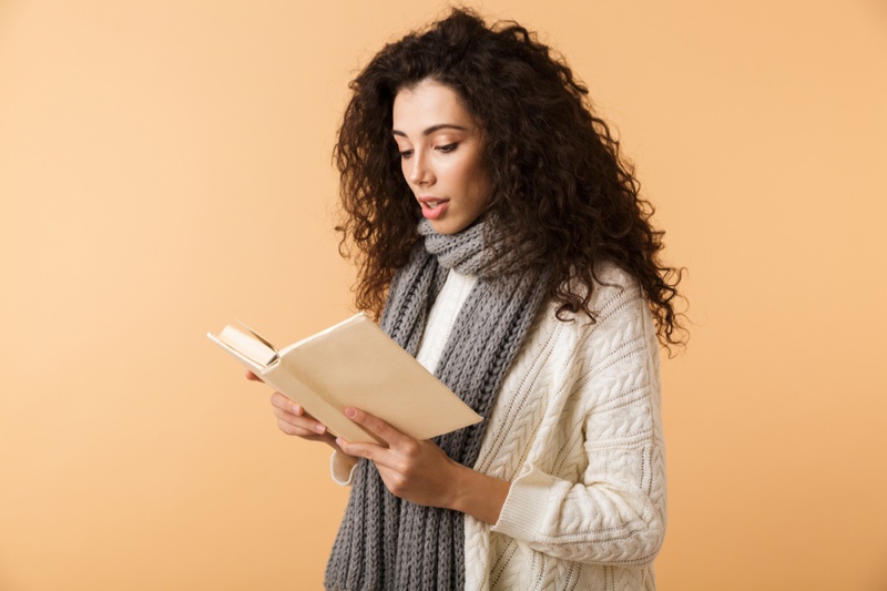 Woman Curly Hair Reading Book Sweater Knit Scarf