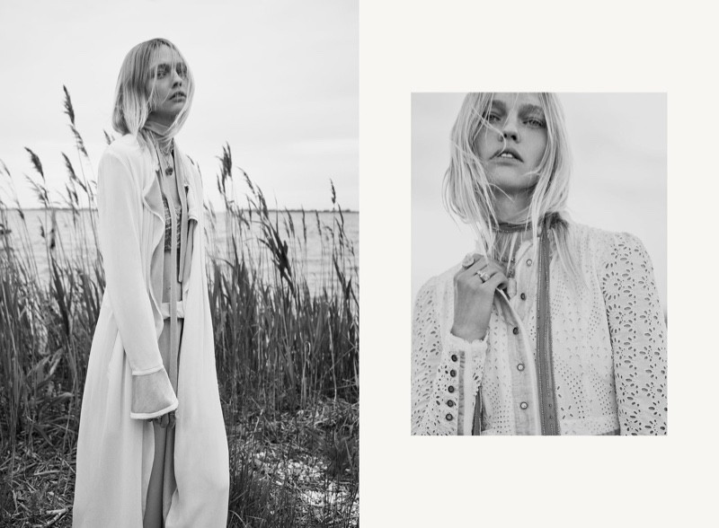 Posing in black and white, Sasha Pivovarova models Zara's fall 2020 collection.