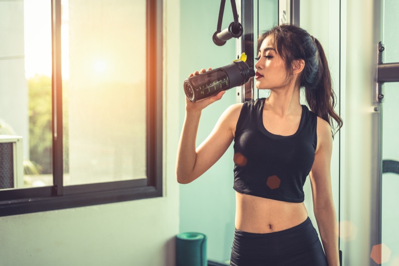 Asian Woman Protein Shake Water Drinking Workout Fitness Exercise