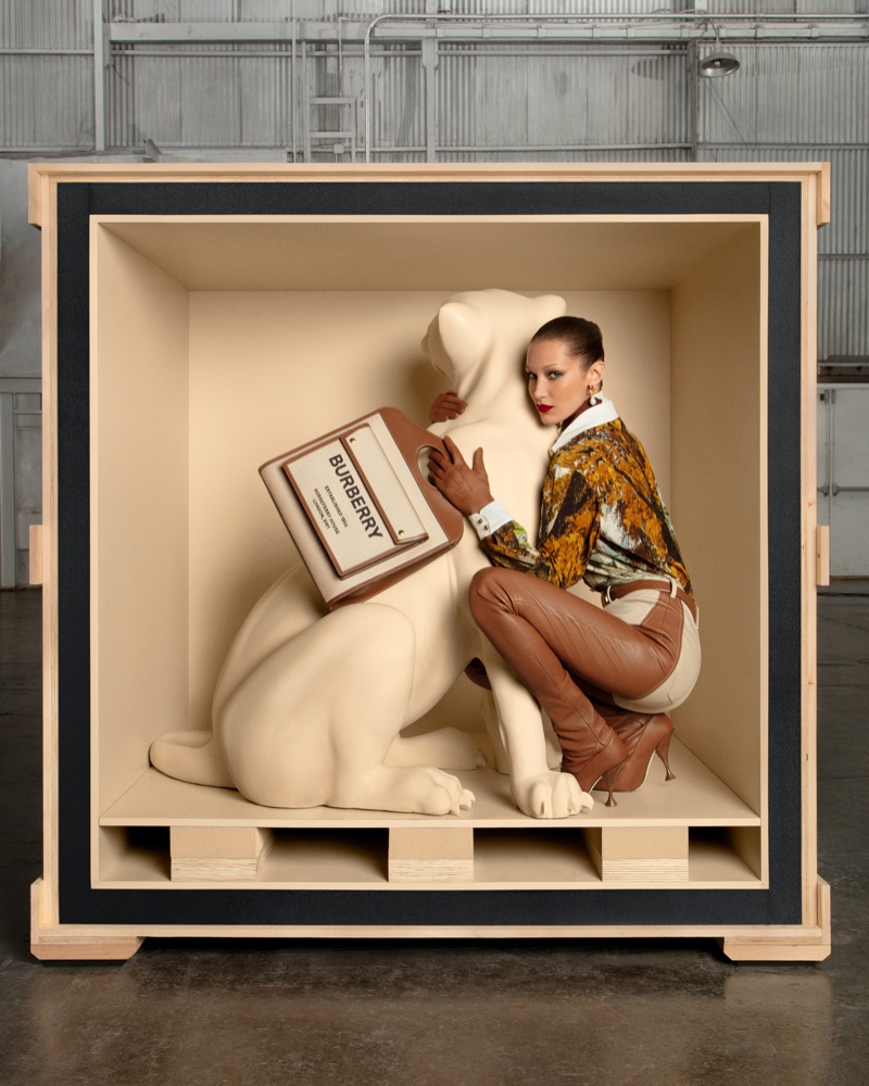 Model Bella Hadid poses for Burberry Pocket bag campaign.