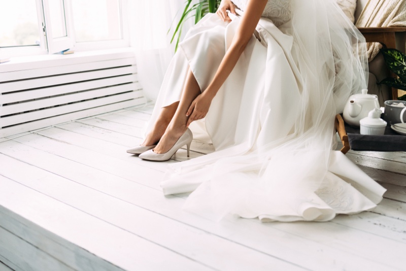 silver shoes with wedding dress