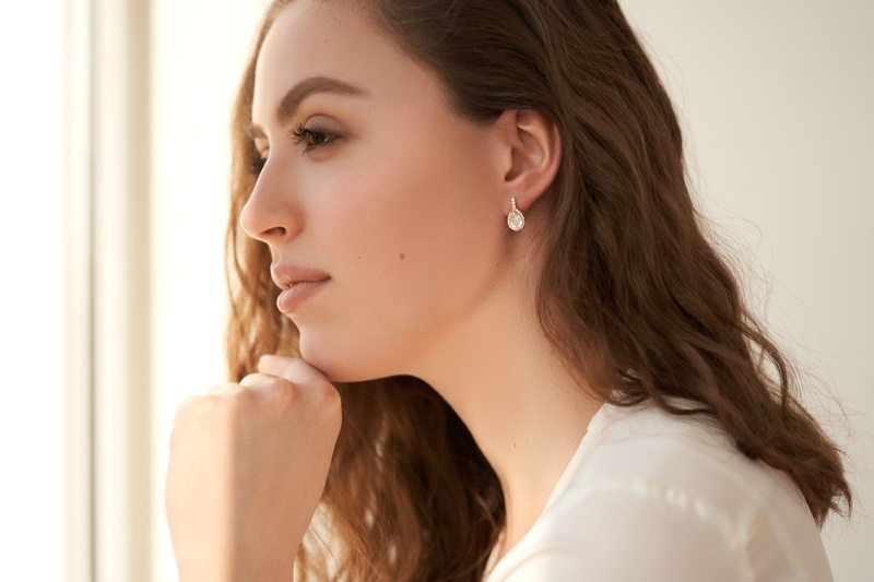 Closeup Model Diamond Huggie Pendant Earring Jewelry Beauty