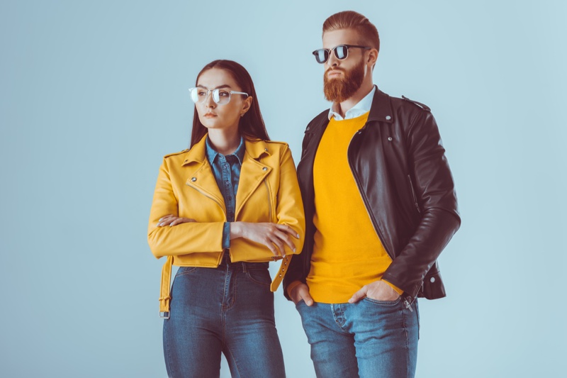 Couple Man Woman Yellow Black Leather Jackets