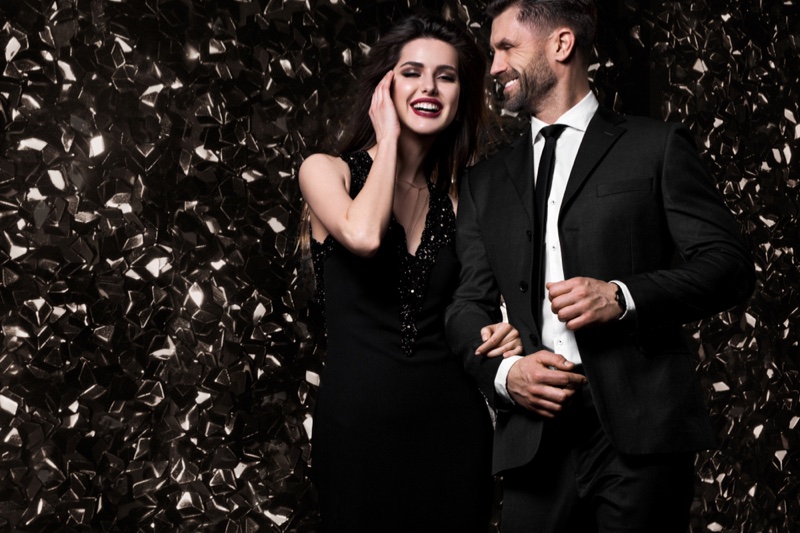 Couple Smiling Models Black Dress Suit Formal