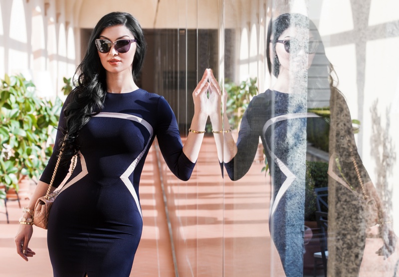 Curvy Model Form-Fitting Dress Sunglasses Reflection