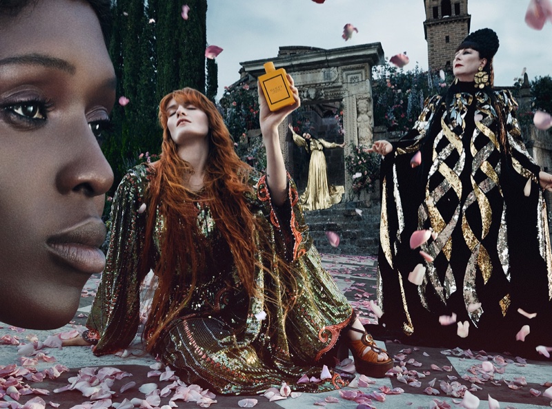 Jodie Turner-Smith, Florence Welch, Susie Cave, and Anjelica Huston front Gucci Bloom fragrance campaign.