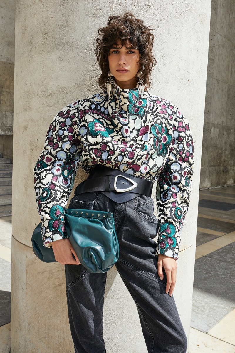 Model Mica Arganaraz poses in Paris for Isabel Marant fall-winter 2020 campaign.