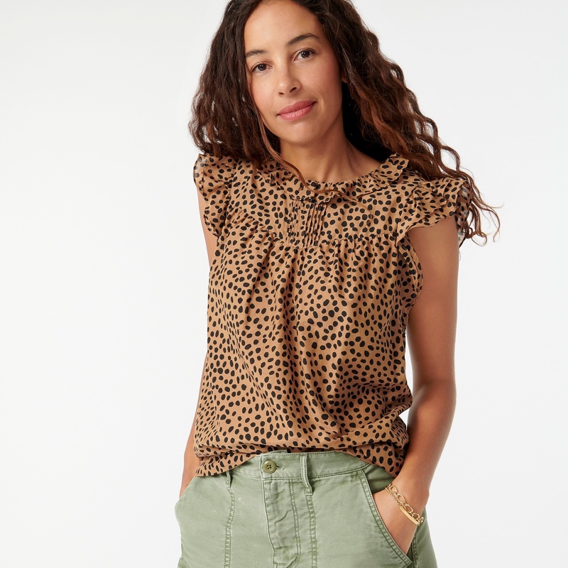 J. Crew Flutter-Sleeve Cotton-Silk Voile Top in Leopard Dot $89.50