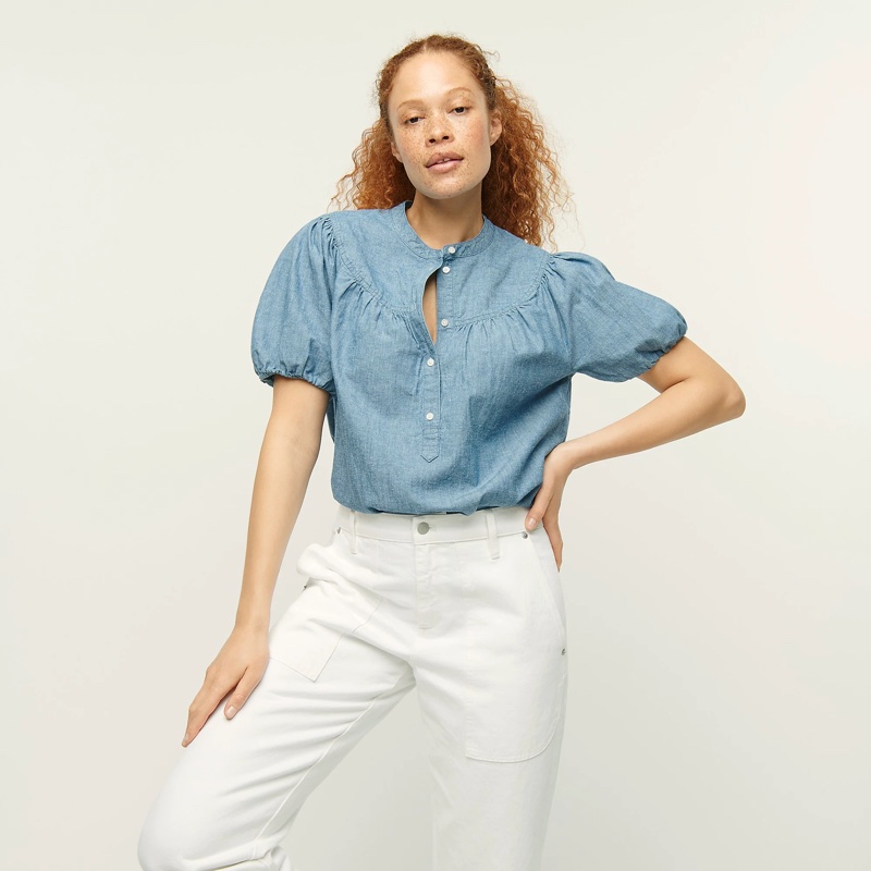 J Crew Puff-Sleeve Chambray Popover Top $89.50