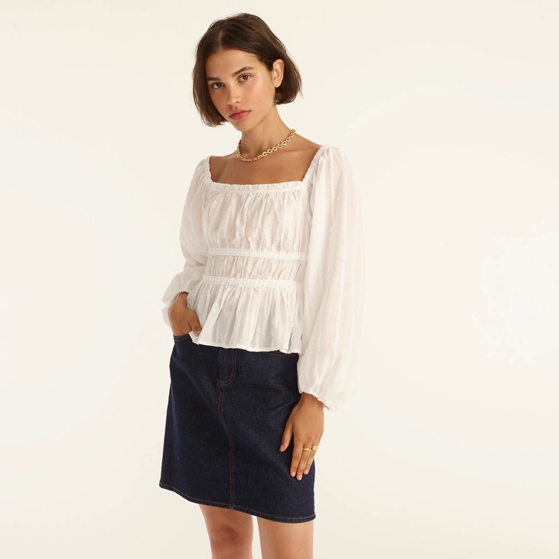 J. Crew Puff-Sleeve Textured Cotton Top in White $89.50