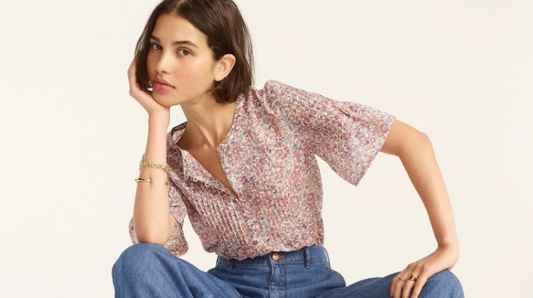 J. Crew Silk Cotton Voile Pintuck Top in Blooming Floral $118